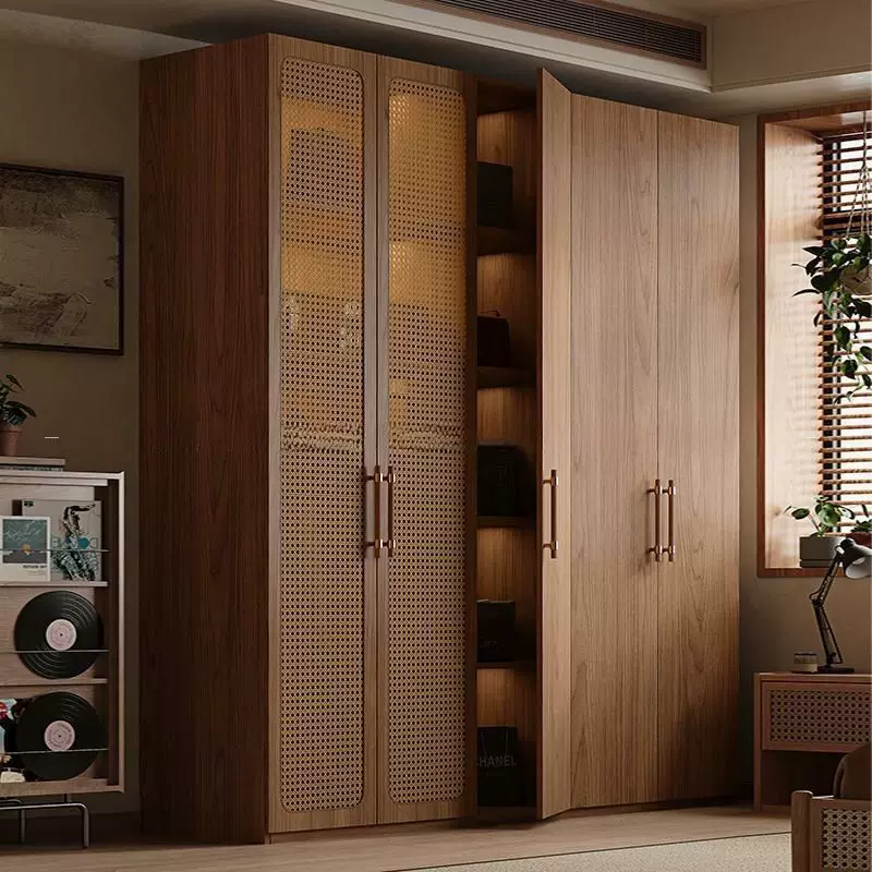 新款家用卧室现代简约一门到顶藤编平开门衣柜储物收纳中古风橱柜
