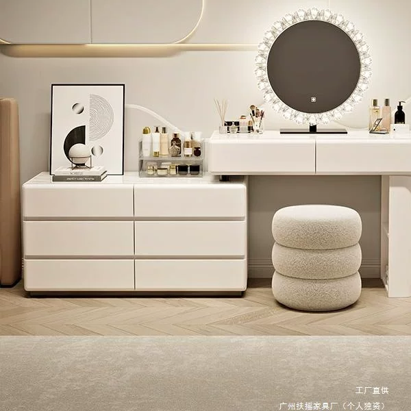 新款奶油风组合梳妆台卧室小户型简约实木化妆桌多功能收纳一体柜