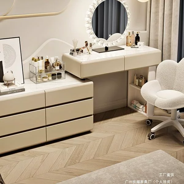 新款奶油风组合梳妆台卧室小户型简约实木化妆桌多功能收纳一体柜