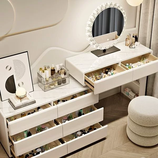 新款奶油风组合梳妆台卧室小户型简约实木化妆桌多功能收纳一体柜