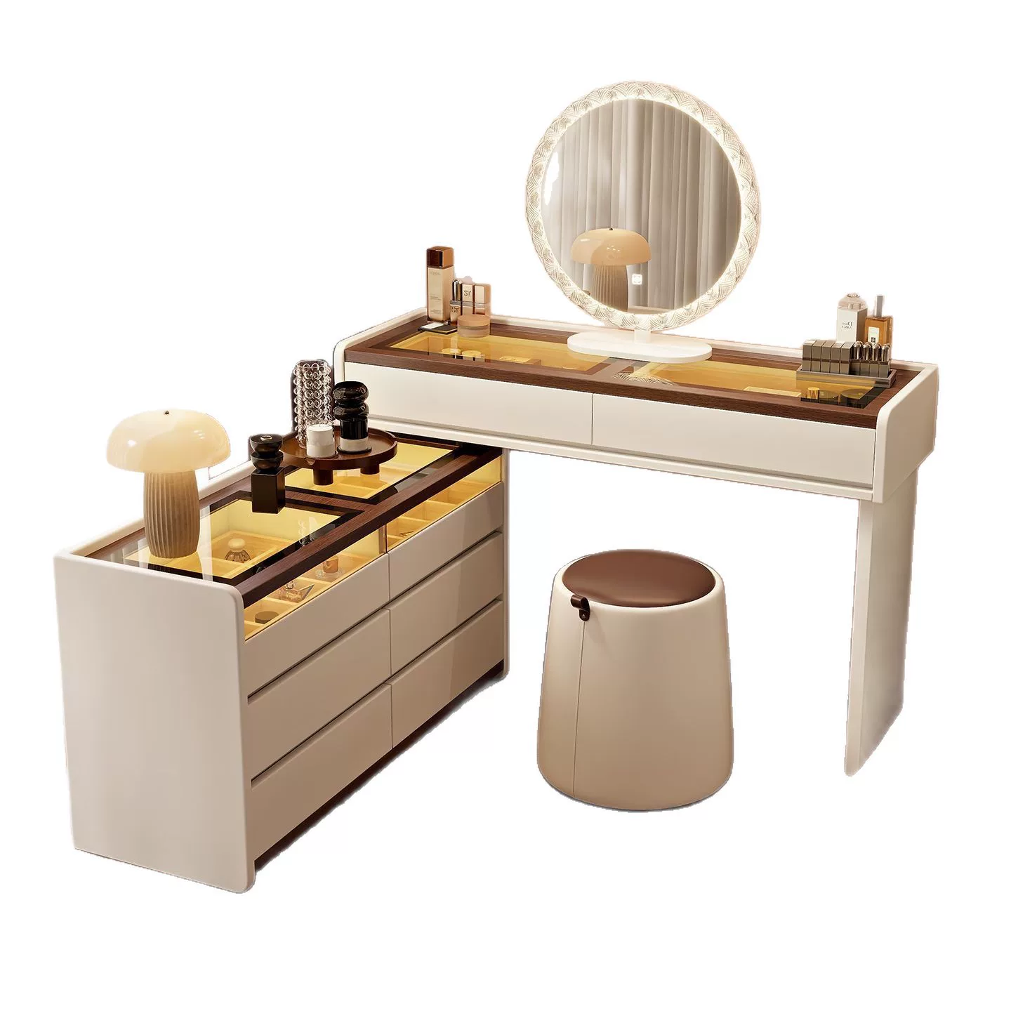现代简约轻奢梳妆台一体玻璃桌面斗柜卧室家居妆台奶油风宽收纳柜