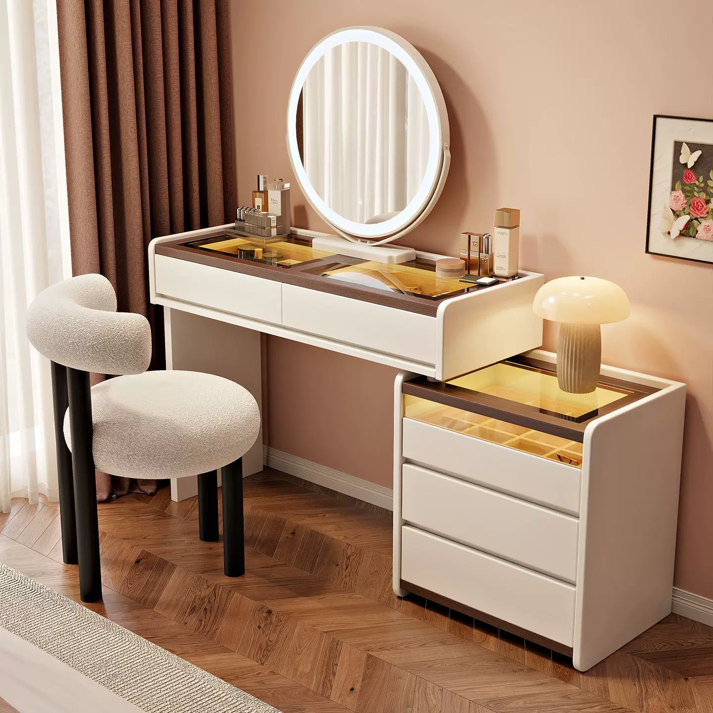 现代简约轻奢梳妆台一体玻璃桌面斗柜卧室家居妆台奶油风宽收纳柜