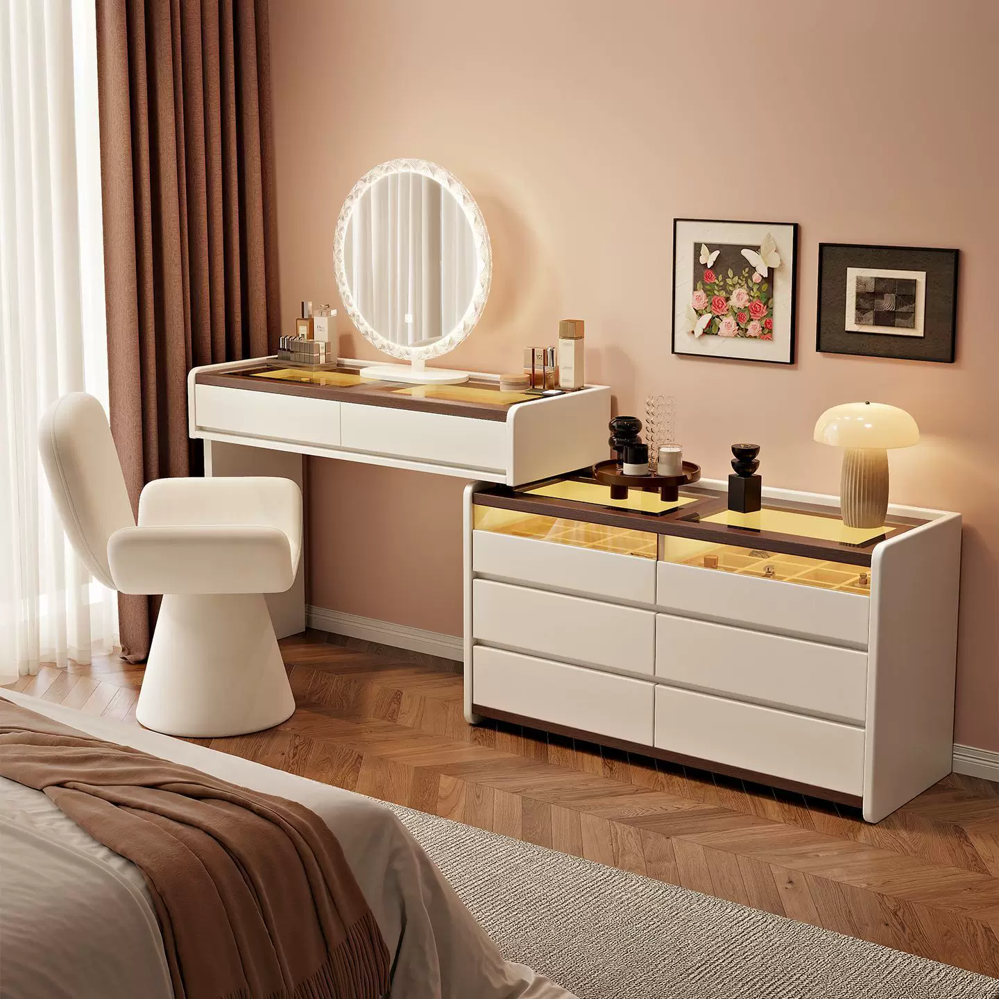 现代简约轻奢梳妆台一体玻璃桌面斗柜卧室家居妆台奶油风宽收纳柜