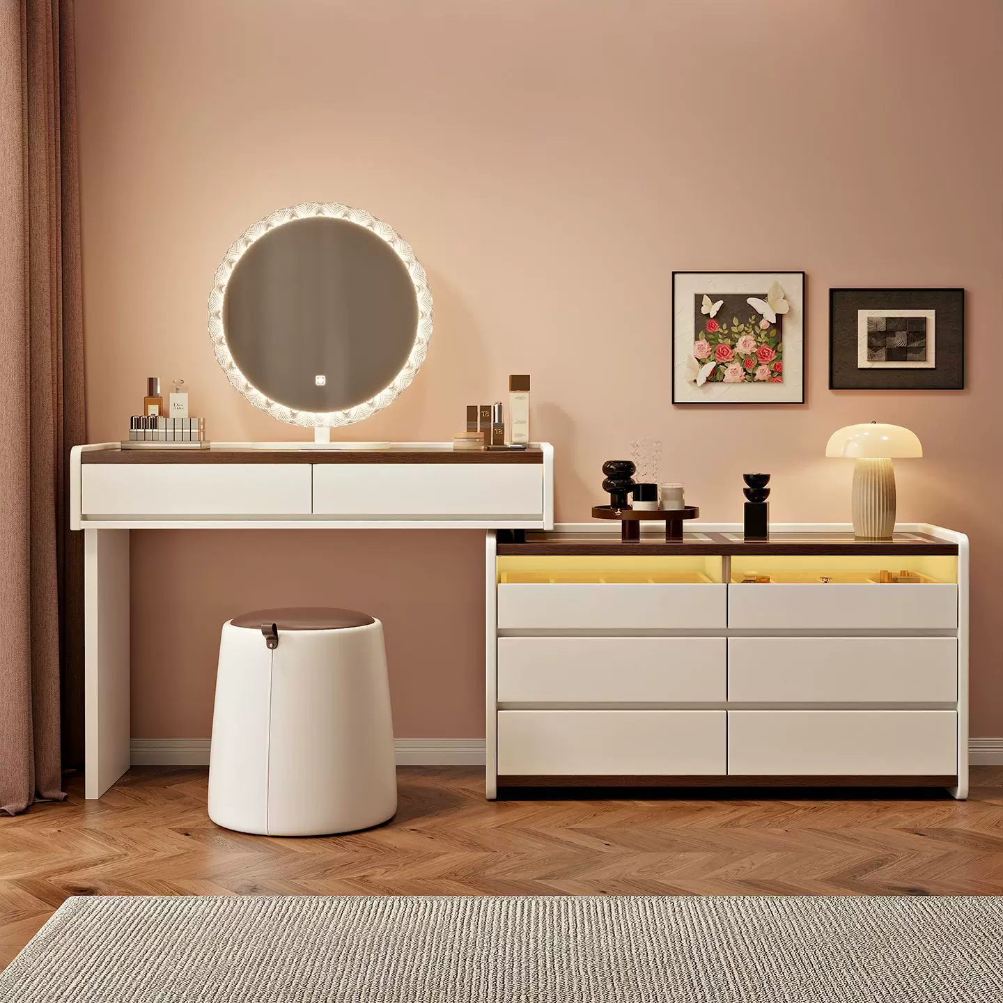现代简约轻奢梳妆台一体玻璃桌面斗柜卧室家居妆台奶油风宽收纳柜