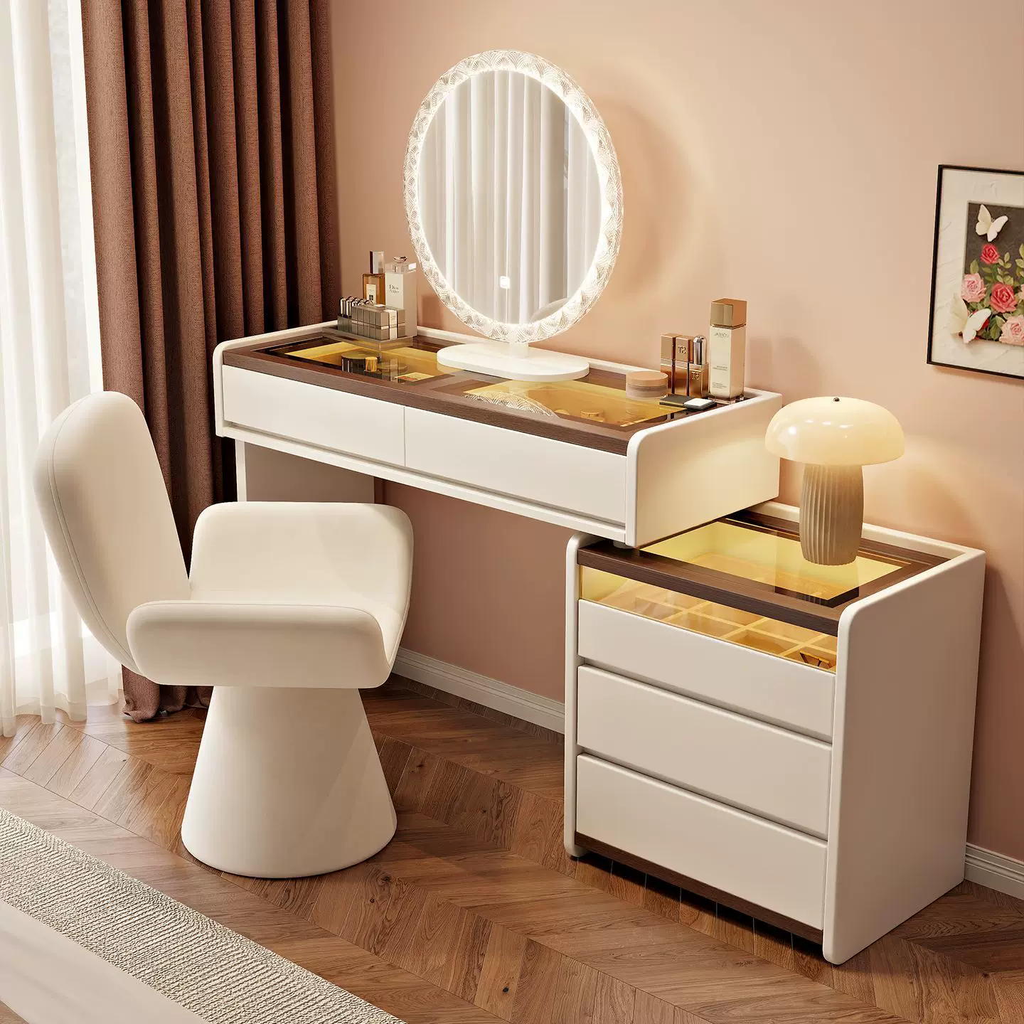 现代简约轻奢梳妆台一体玻璃桌面斗柜卧室家居妆台奶油风宽收纳柜