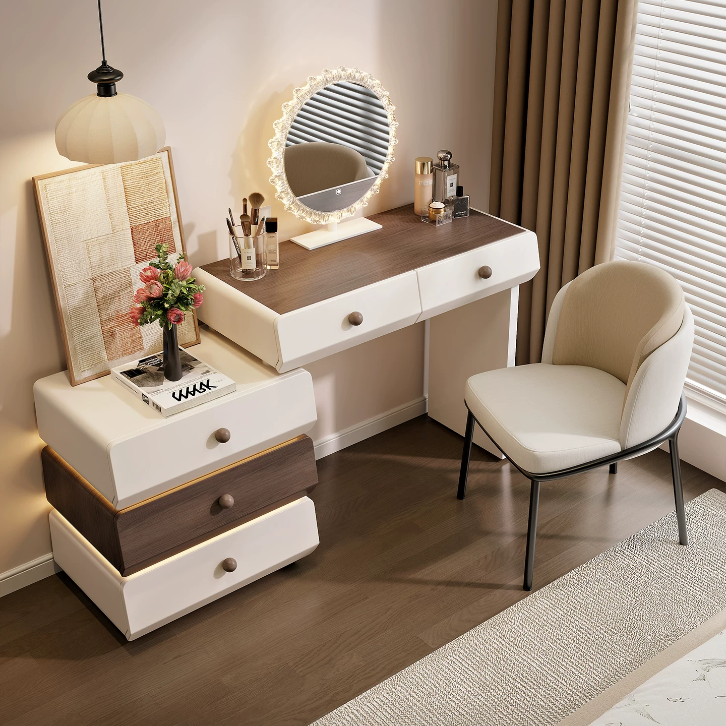 中古奶油风梳妆台斗一体卧室简约带氛围灯纳化妆桌实木