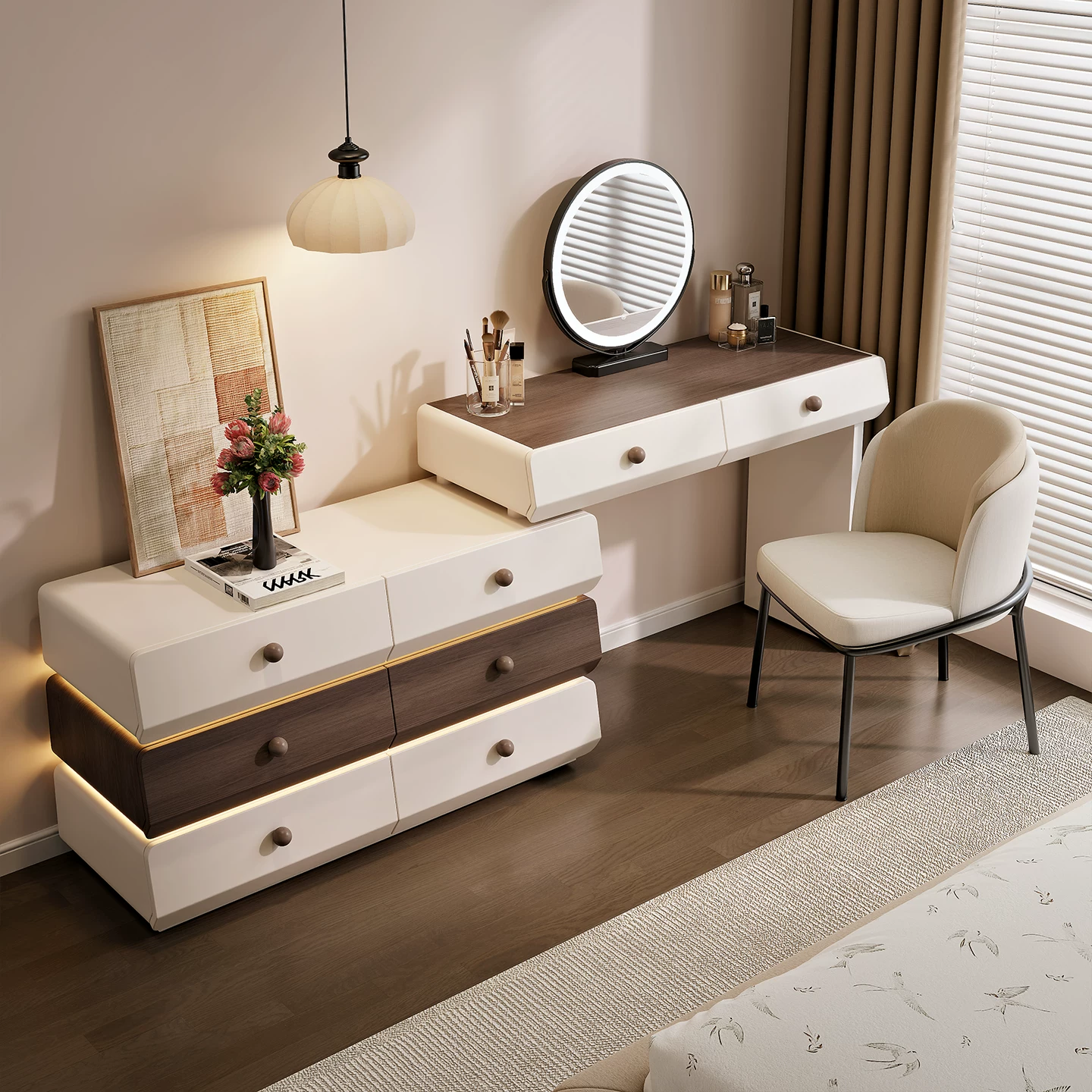 中古奶油风梳妆台斗一体卧室简约带氛围灯纳化妆桌实木