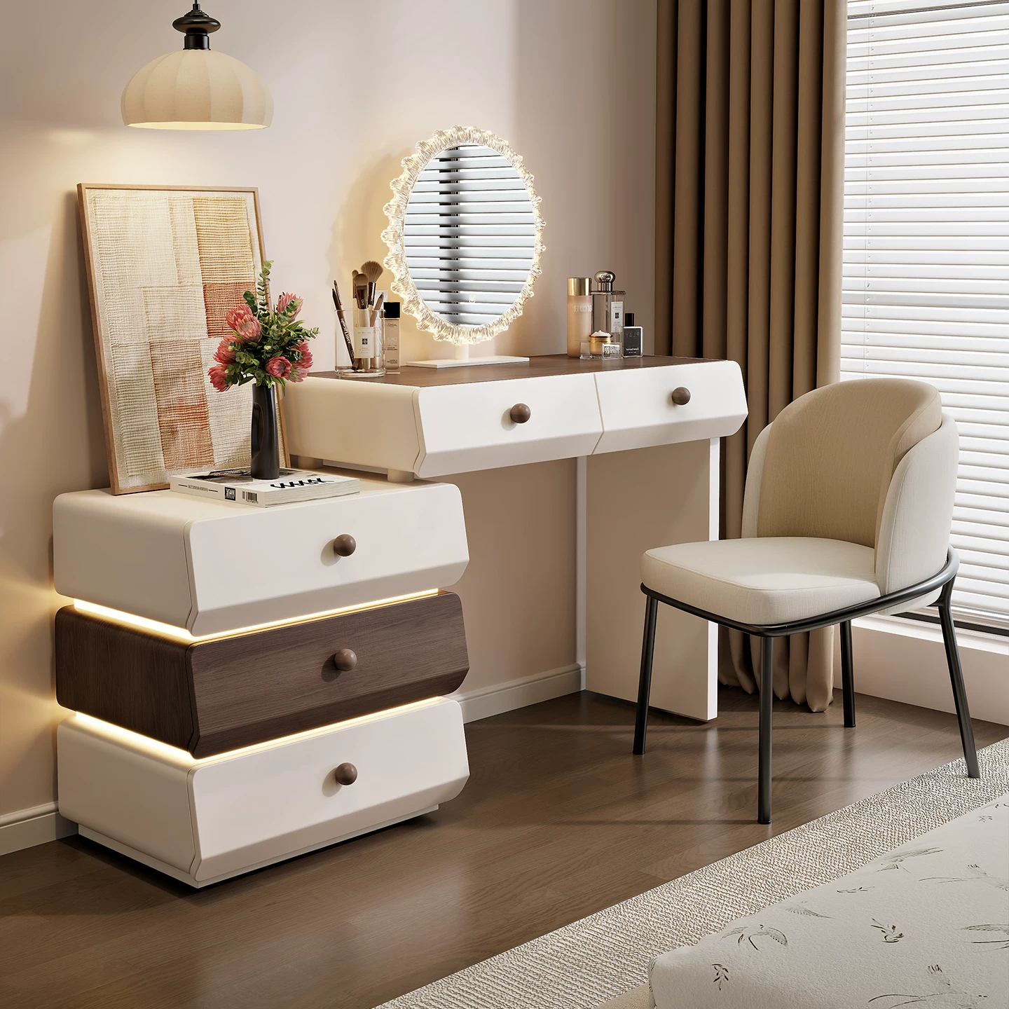 中古奶油风梳妆台斗一体卧室简约带氛围灯纳化妆桌实木