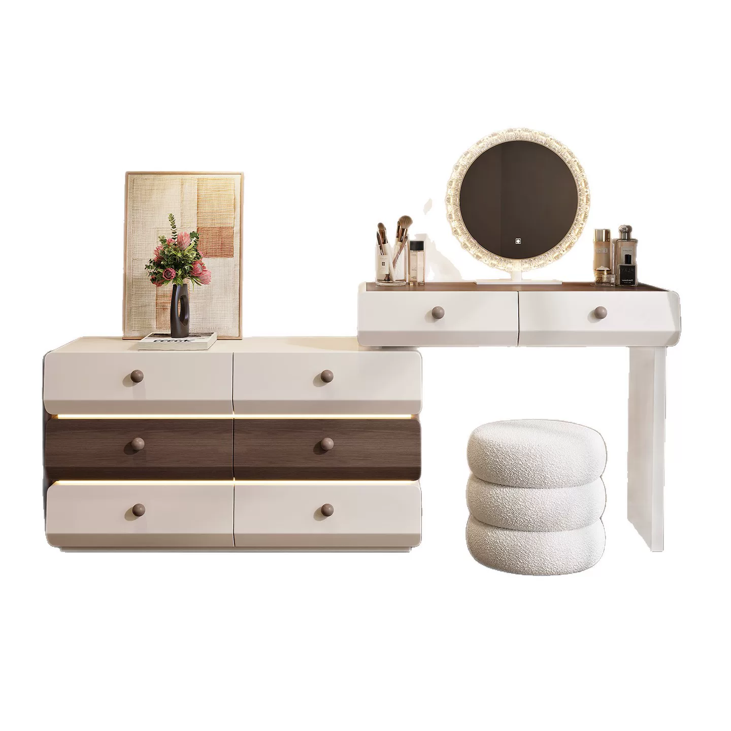 中古奶油风梳妆台斗一体卧室简约带氛围灯纳化妆桌实木