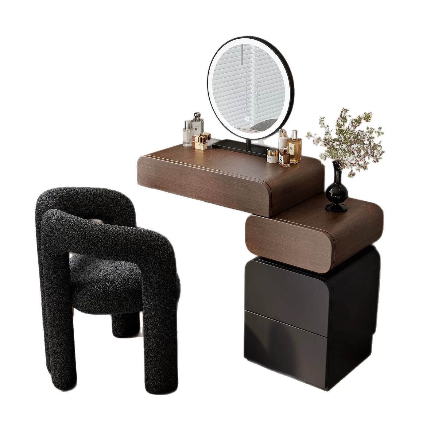 小户型实木梳妆台收纳柜一体奶油风卧室胡桃化妆桌简约现代梳妆桌