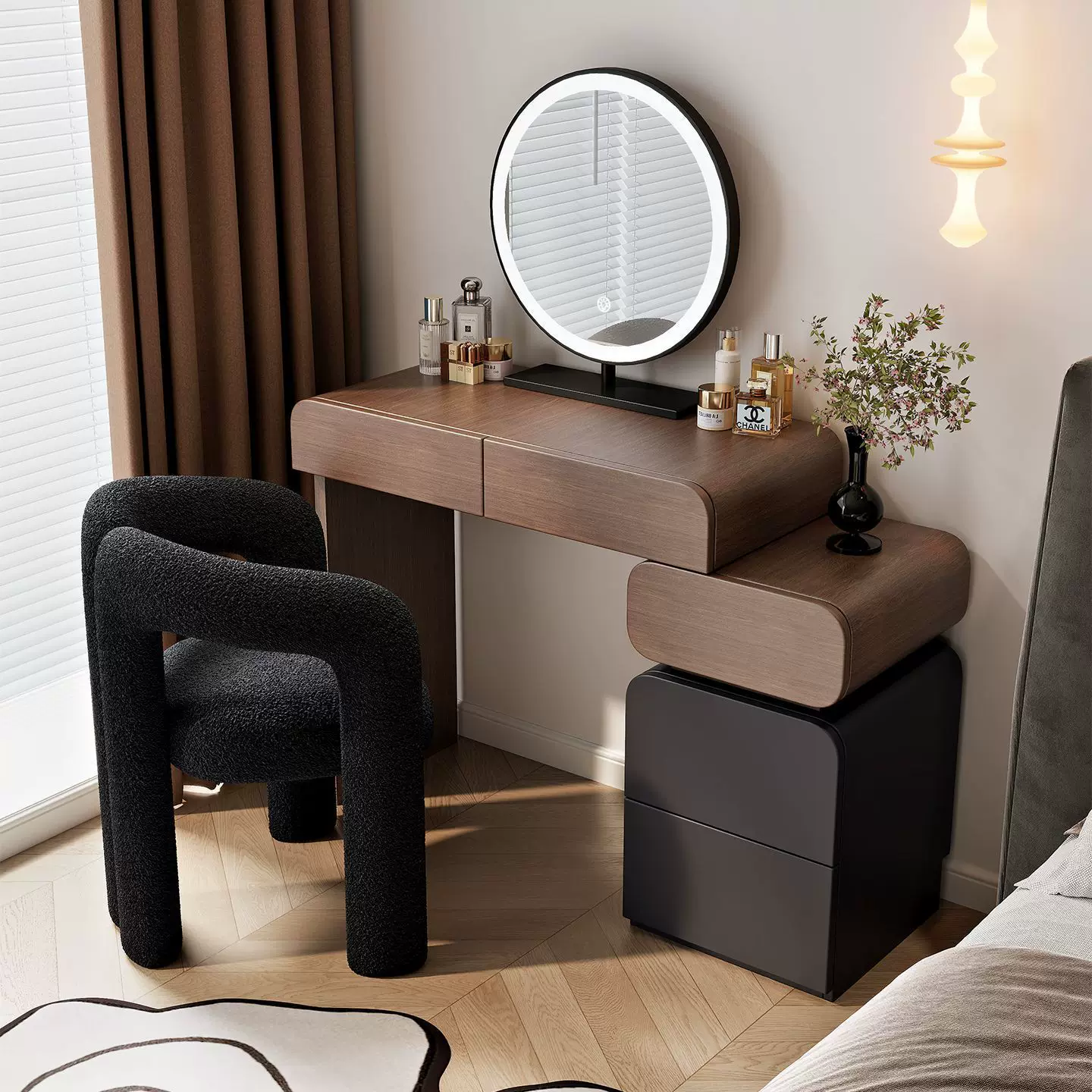 小户型实木梳妆台收纳柜一体奶油风卧室胡桃化妆桌简约现代梳妆桌