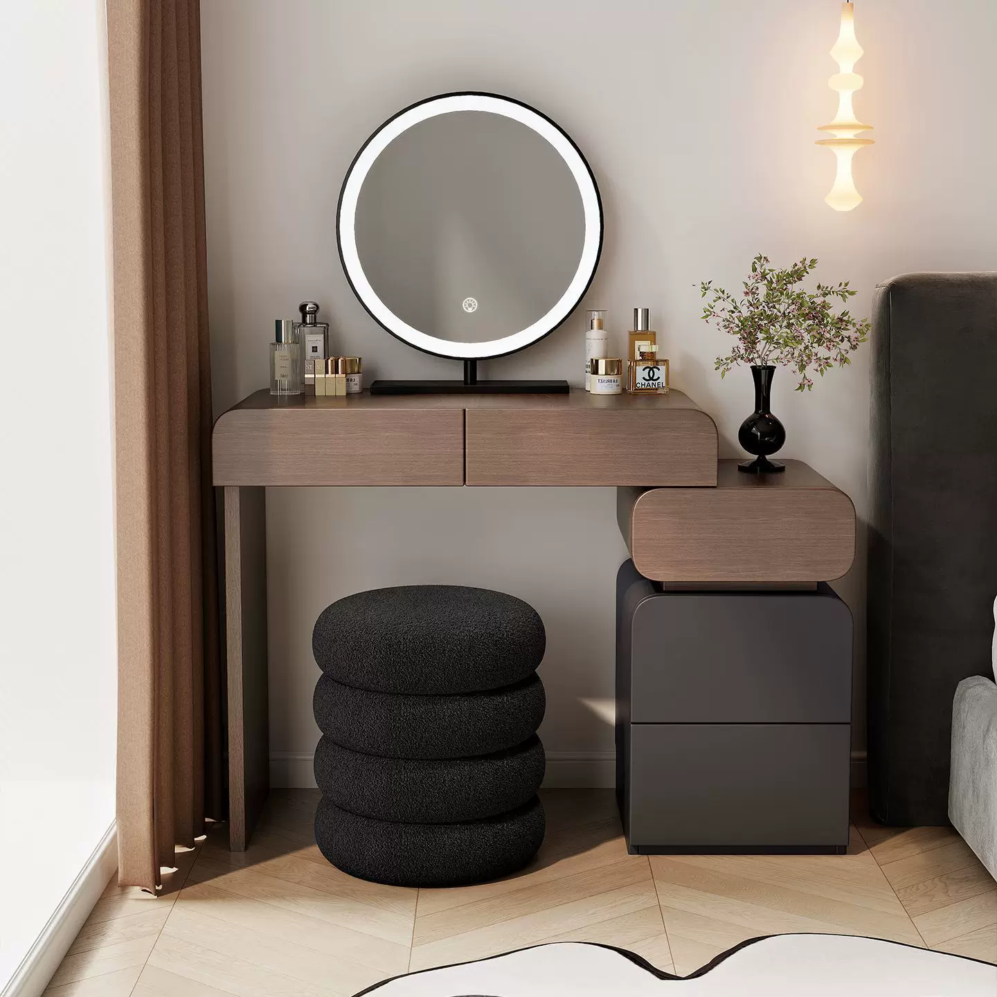 小户型实木梳妆台收纳柜一体奶油风卧室胡桃化妆桌简约现代梳妆桌