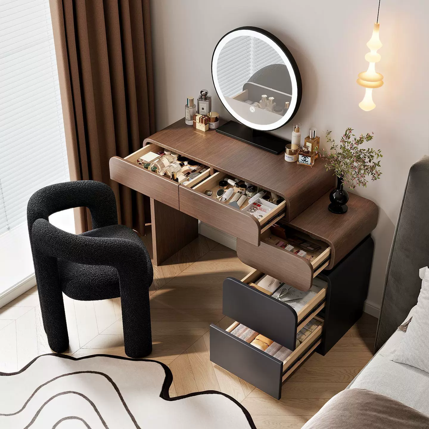 小户型实木梳妆台收纳柜一体奶油风卧室胡桃化妆桌简约现代梳妆桌