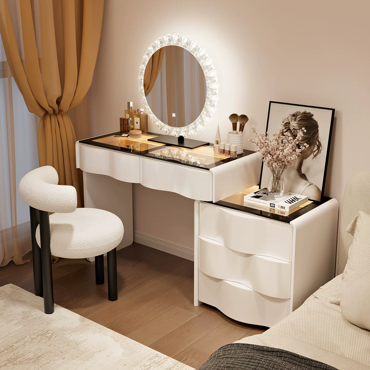 带灯实木梳妆台2025新款主卧高档化妆台简约现代小户型卧室化妆桌