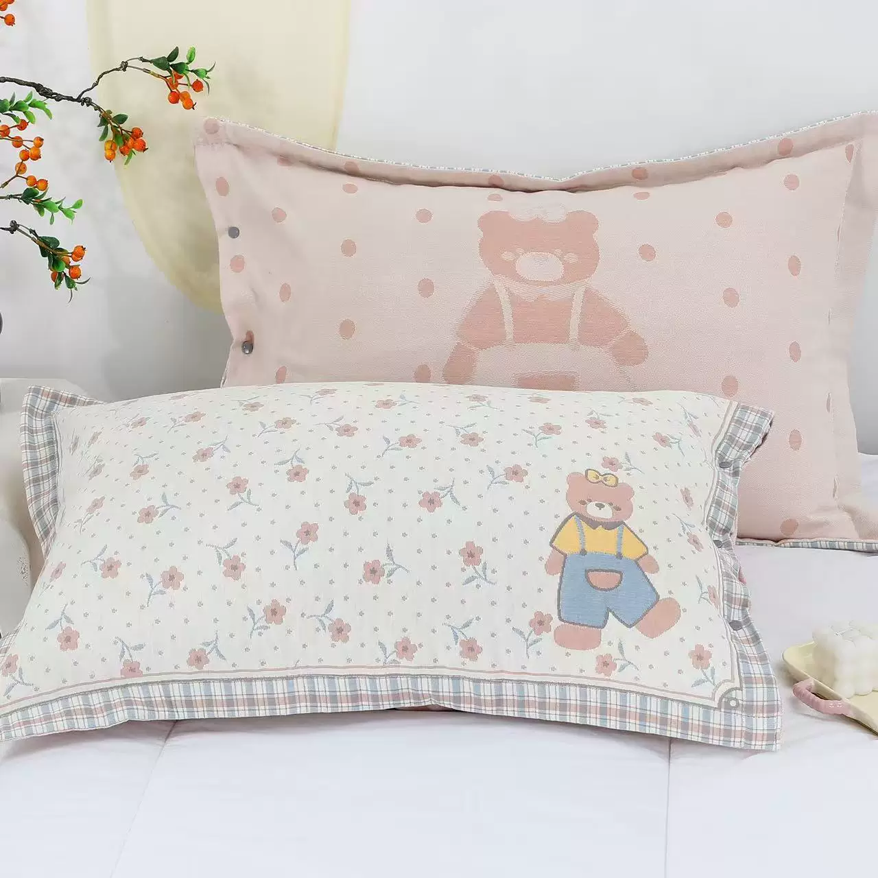 卡通纱布暗扣成人水洗枕头套卡通纯棉加厚轻奢简约全棉高端家用柔