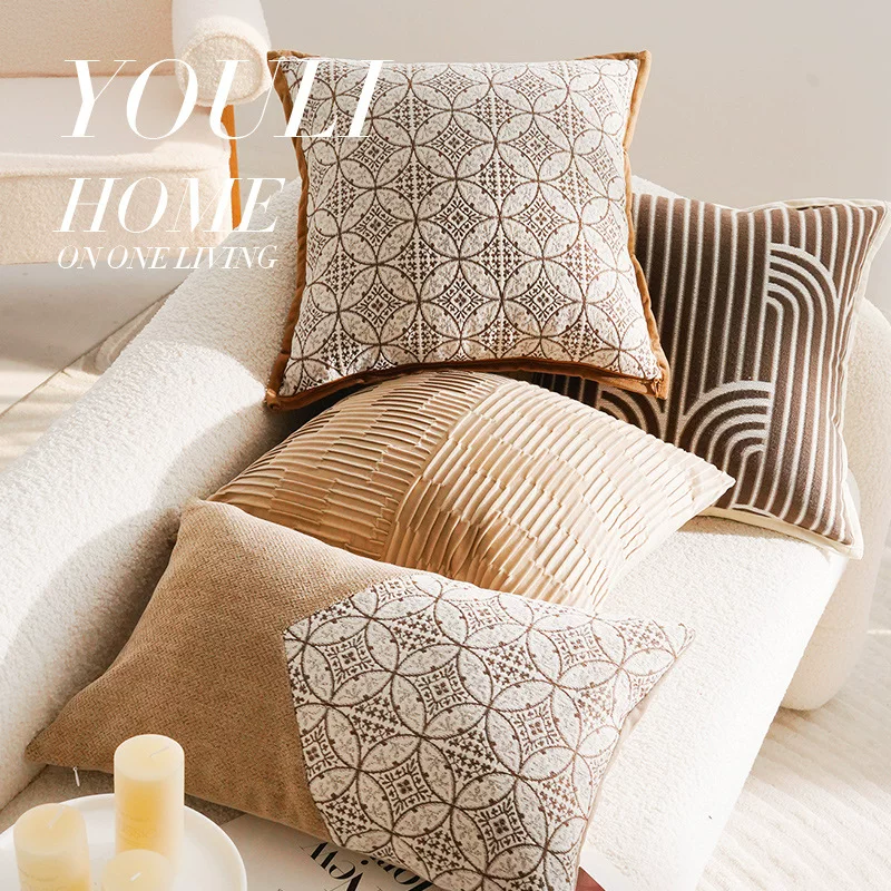 棕色中古风轻奢法式高级沙发抱枕套新中式简约靠枕床头靠垫靠背