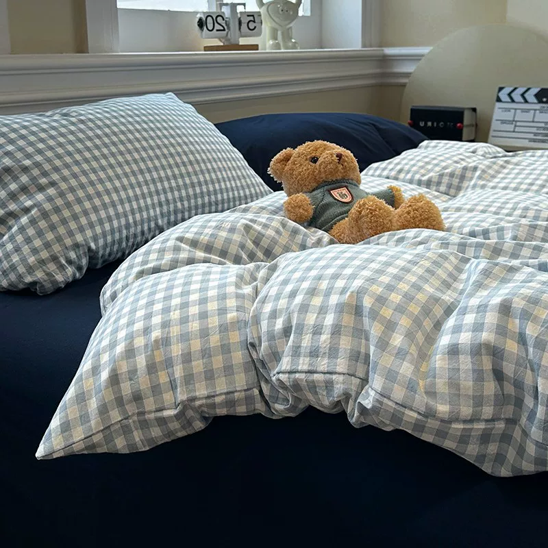 简约高级感床上用品四件套纯棉水洗棉床单被套床笠学生宿舍三件套