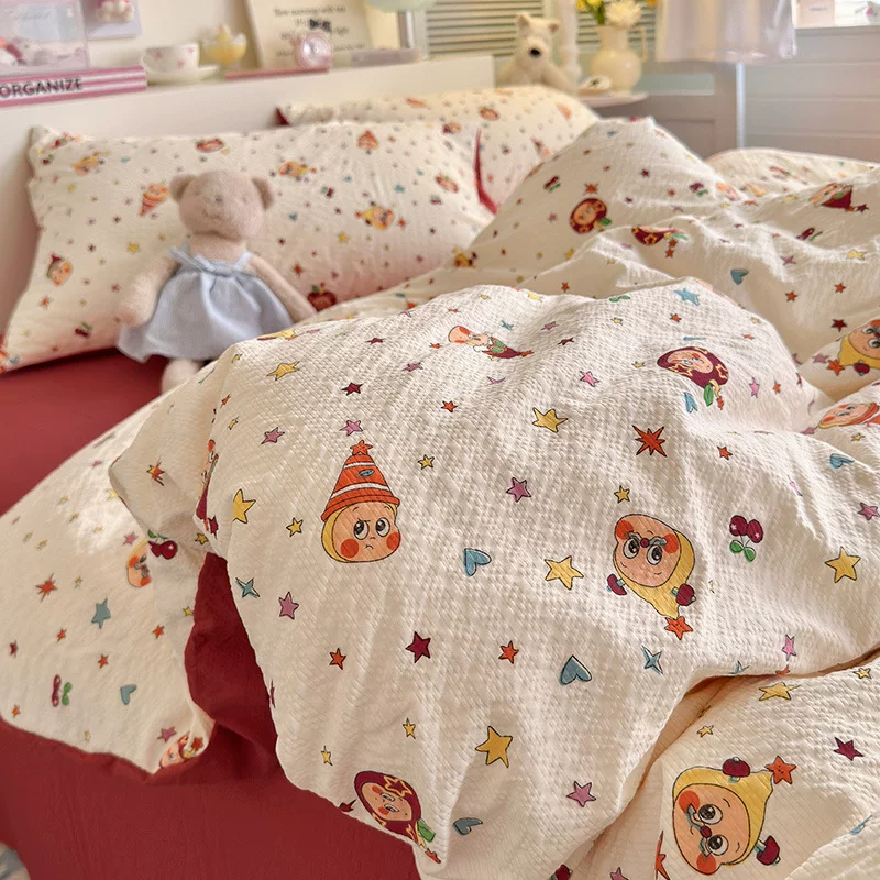 全棉裸睡泡芙床上四件套ins卡通纯棉小清新床单笠被罩宿舍三件套