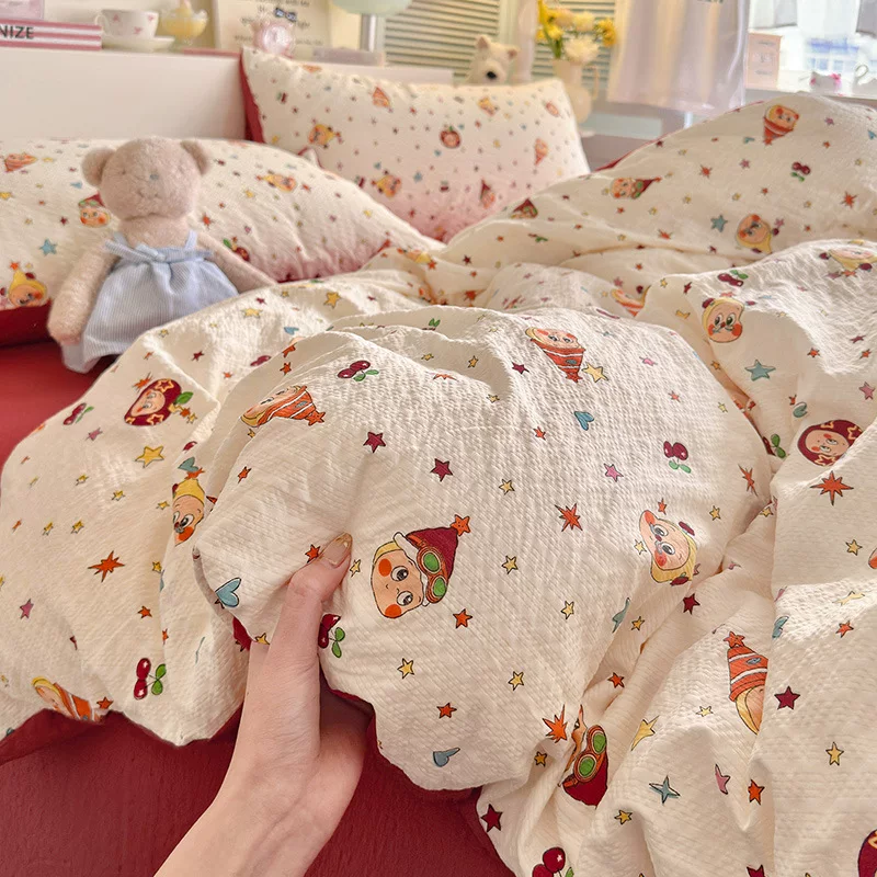 全棉裸睡泡芙床上四件套ins卡通纯棉小清新床单笠被罩宿舍三件套