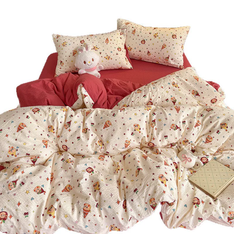 全棉裸睡泡芙床上四件套ins卡通纯棉小清新床单笠被罩宿舍三件套