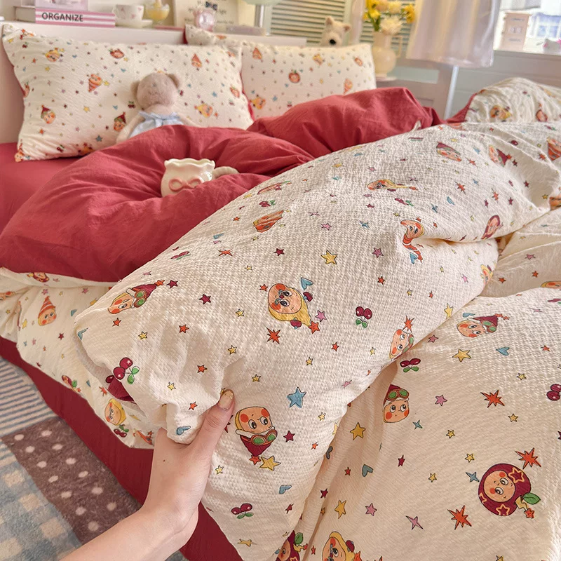 全棉裸睡泡芙床上四件套ins卡通纯棉小清新床单笠被罩宿舍三件套