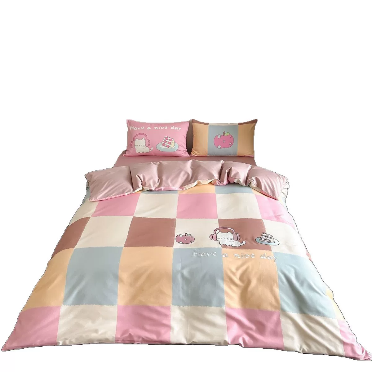 卡通风元气甜猫1.2m床单宿舍三件套全棉长绒棉数码印花被套四件套