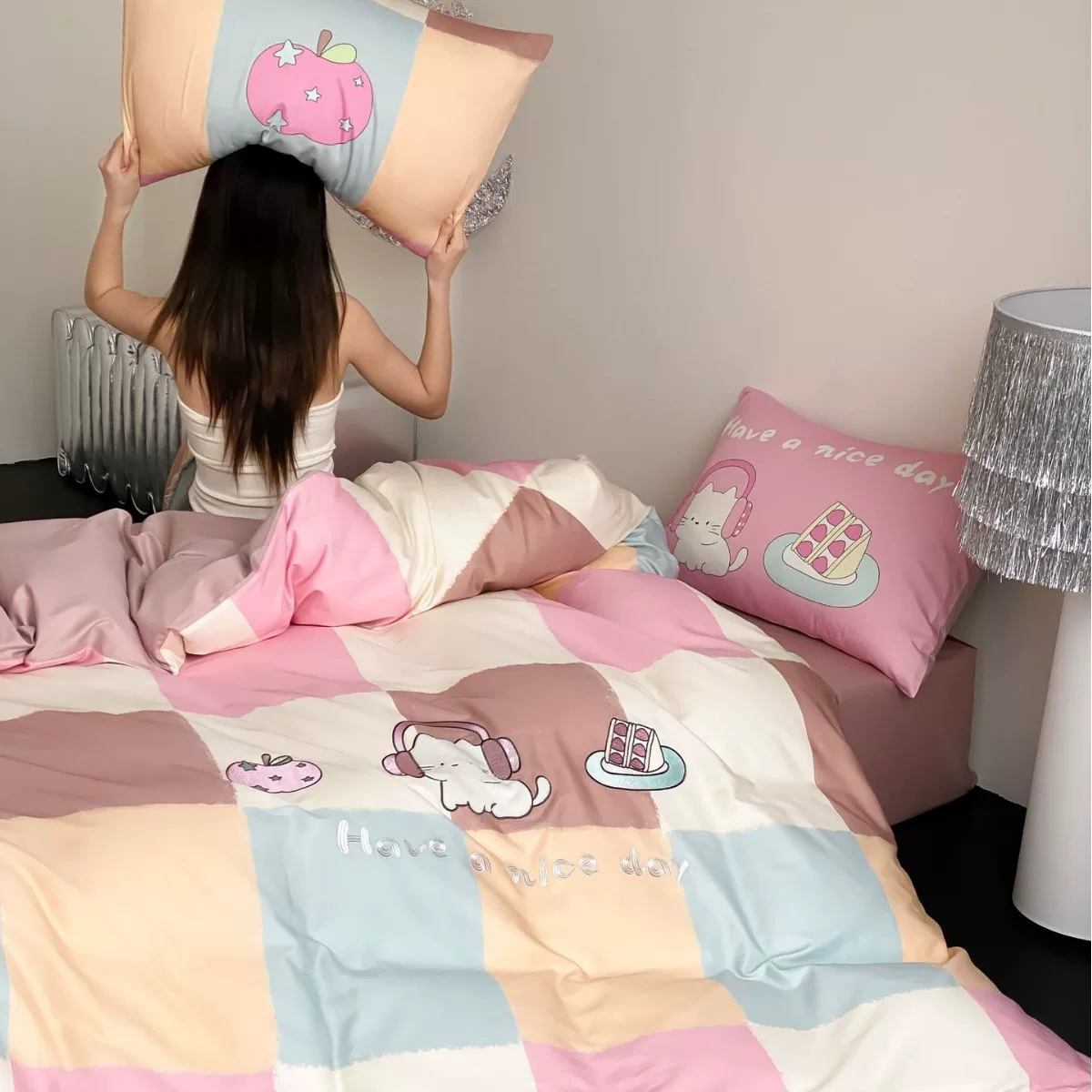 卡通风元气甜猫1.2m床单宿舍三件套全棉长绒棉数码印花被套四件套