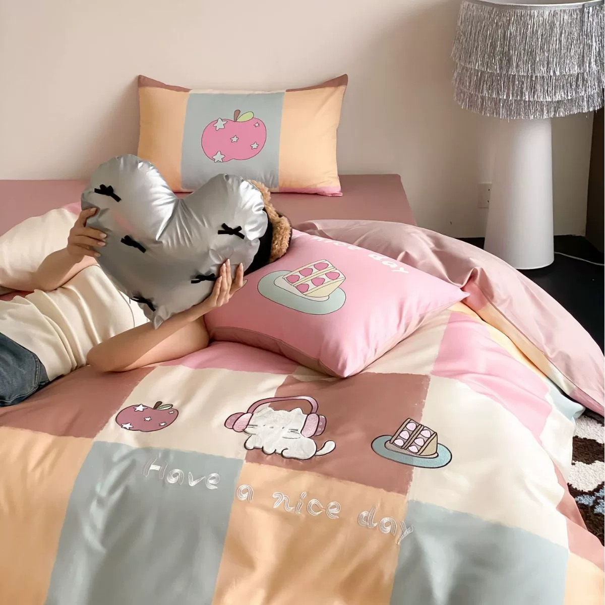 卡通风元气甜猫1.2m床单宿舍三件套全棉长绒棉数码印花被套四件套
