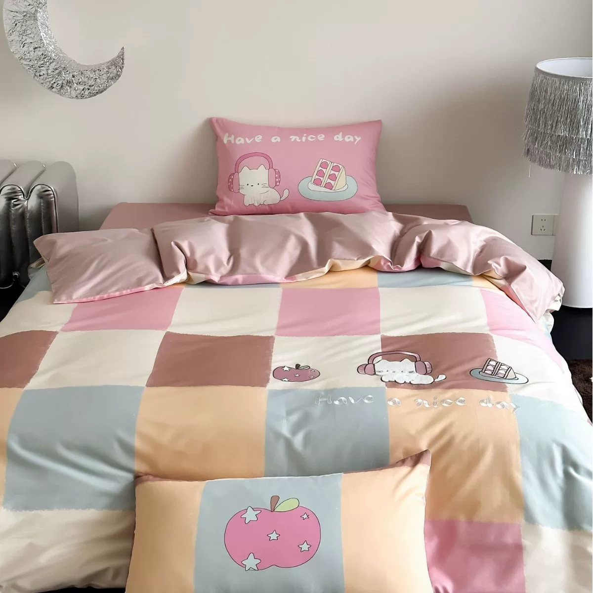 卡通风元气甜猫1.2m床单宿舍三件套全棉长绒棉数码印花被套四件套