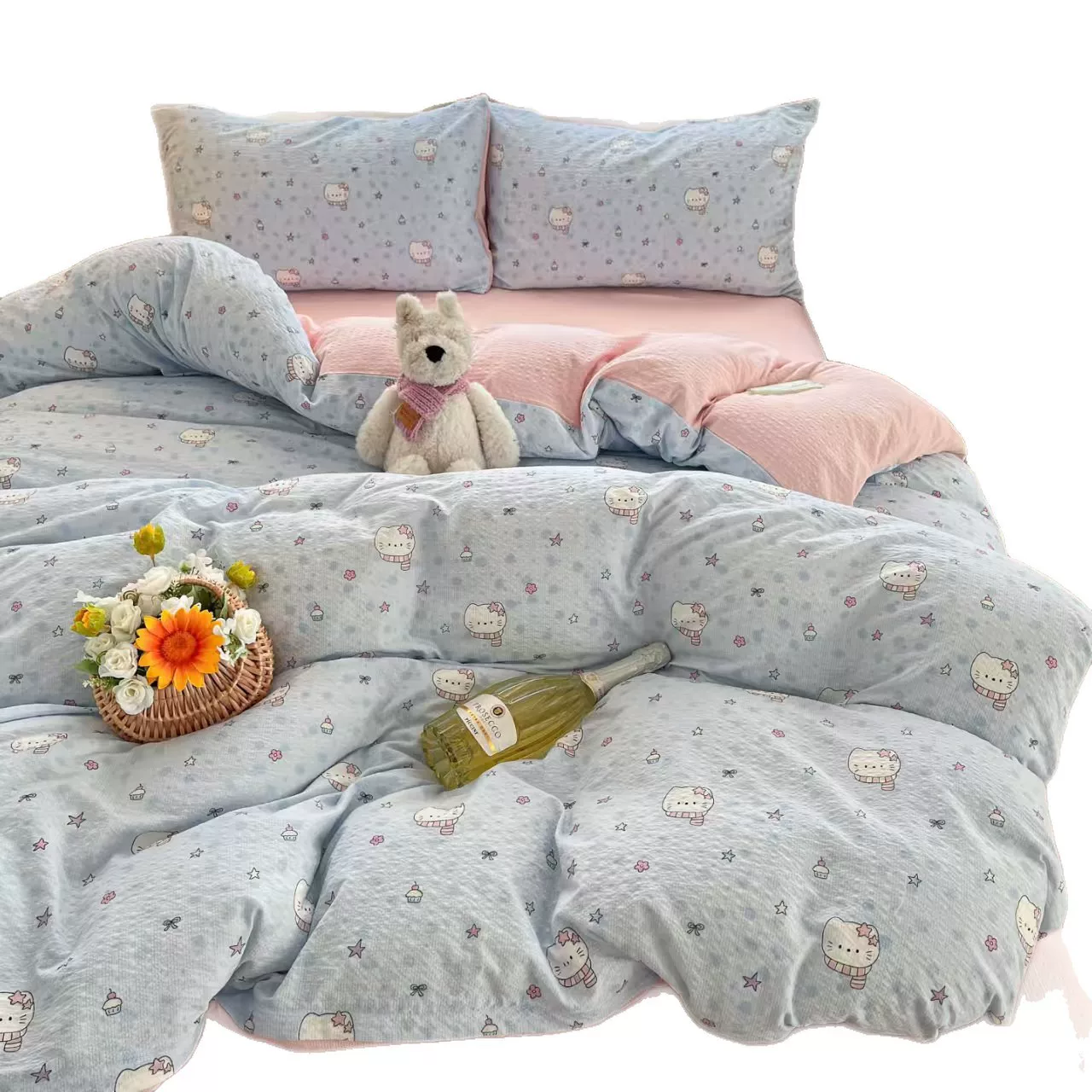 母婴级四件套清新风软糯被套套件泡芙纱印花三件套单双人床上用品