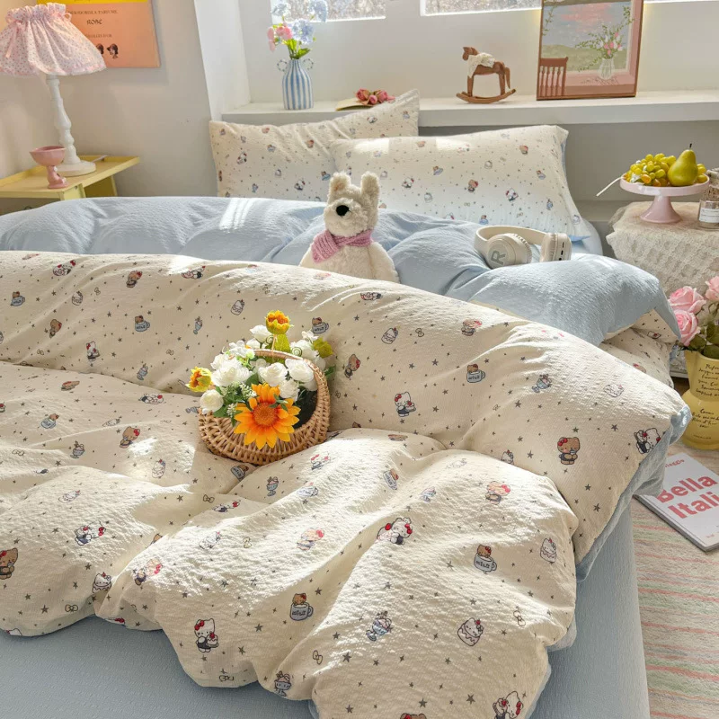 母婴级四件套清新风软糯被套套件泡芙纱印花三件套单双人床上用品