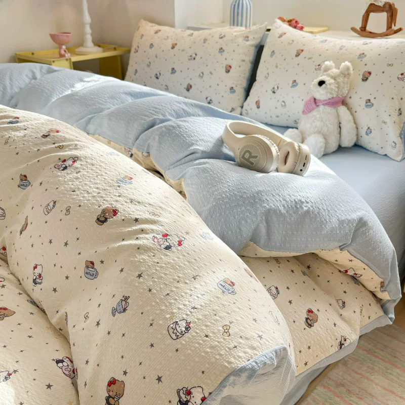 母婴级四件套清新风软糯被套套件泡芙纱印花三件套单双人床上用品