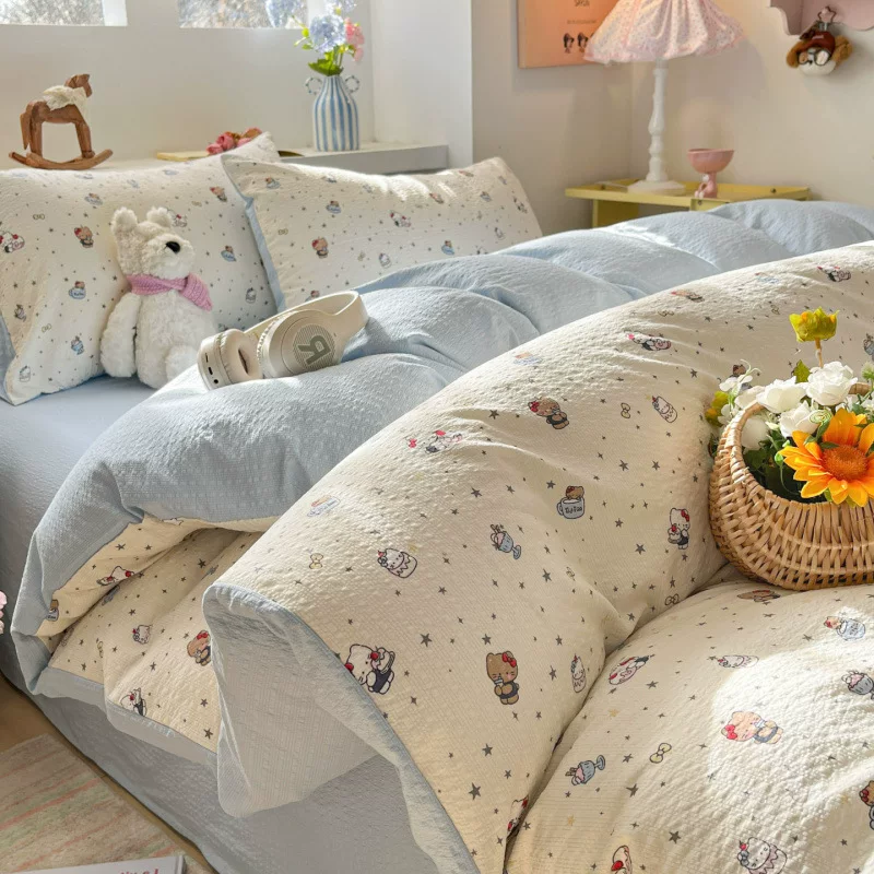 母婴级四件套清新风软糯被套套件泡芙纱印花三件套单双人床上用品