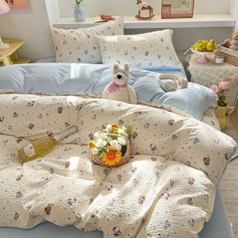 母婴级四件套清新风软糯被套套件泡芙纱印花三件套单双人床上用品
