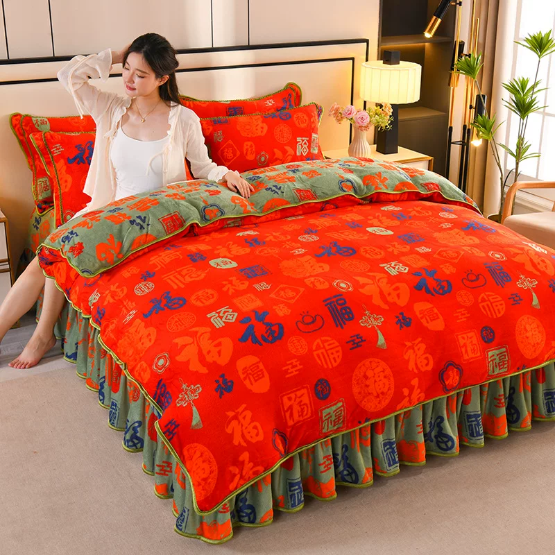 冬季牛奶绒四件套床裙款珊瑚绒床上床单被套加绒双面法兰绒批发