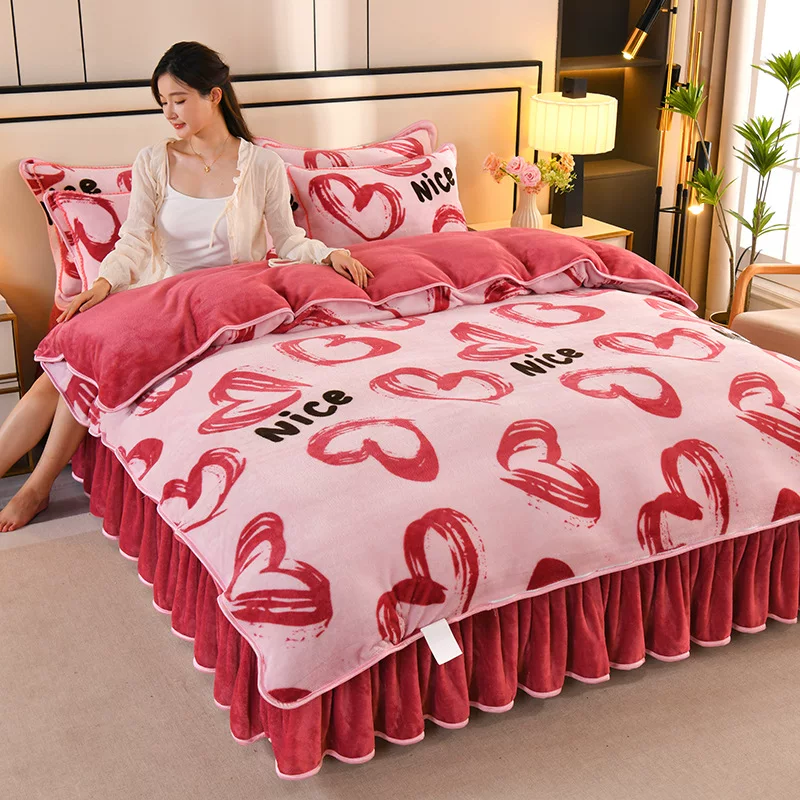 冬季牛奶绒四件套床裙款珊瑚绒床上床单被套加绒双面法兰绒批发