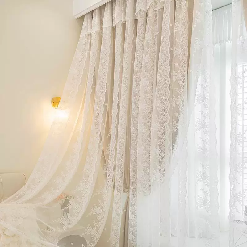 新款网红双层遮光窗帘布纱一体奶油色窗帘出租房卧室遮阳隔热
