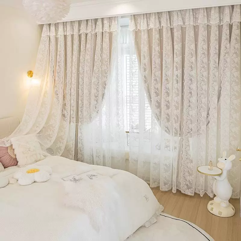 新款网红双层遮光窗帘布纱一体奶油色窗帘出租房卧室遮阳隔热
