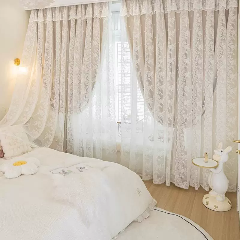 新款网红双层遮光窗帘布纱一体奶油色窗帘出租房卧室遮阳隔热