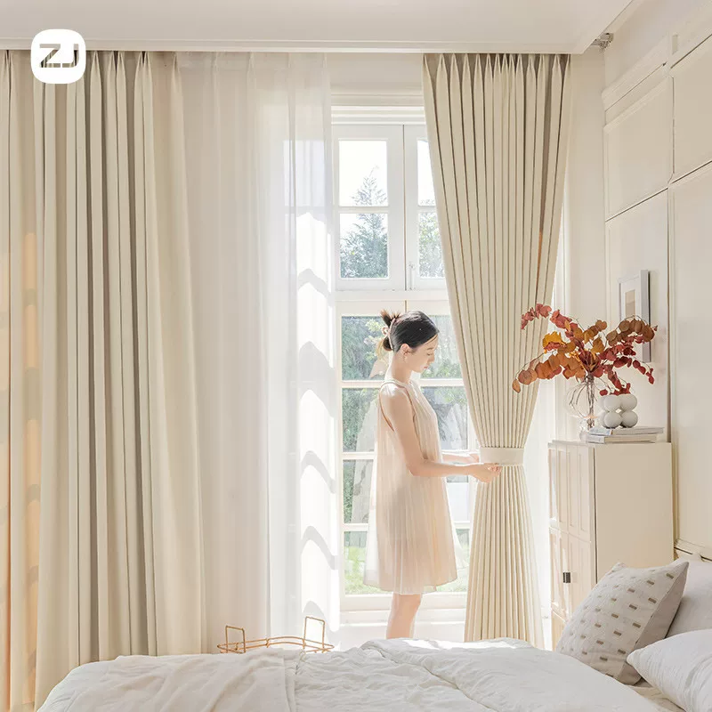 2025新款双面提花全遮光窗帘客厅卧室米粒棉现代简约奶油白窗帘布