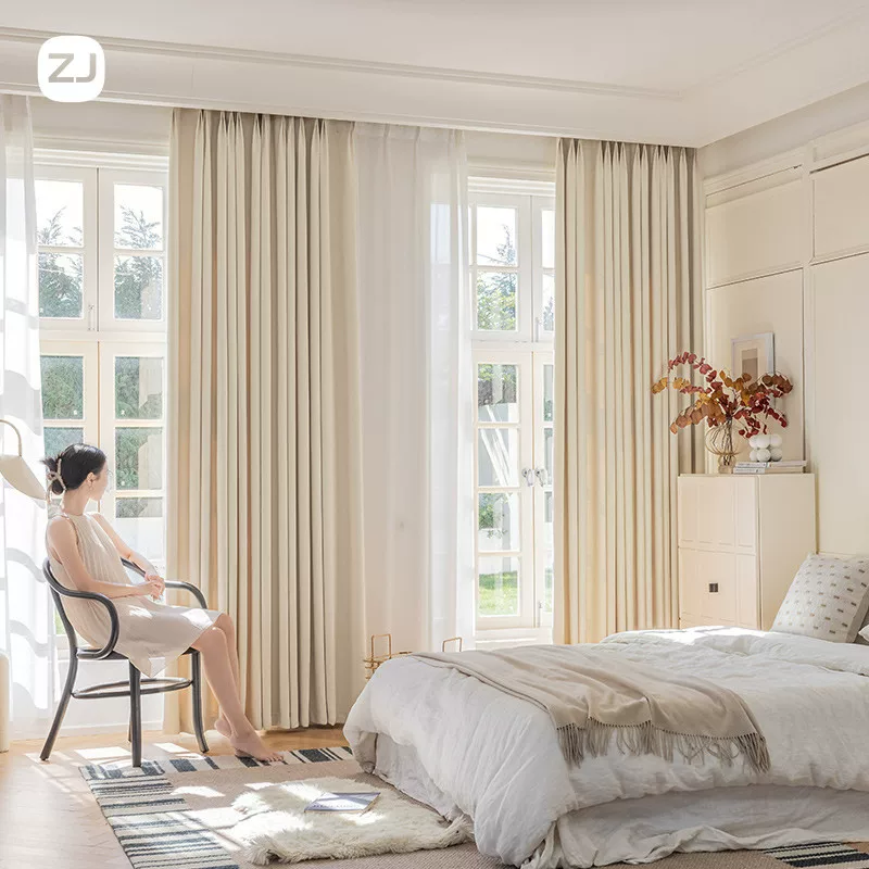 2025新款双面提花全遮光窗帘客厅卧室米粒棉现代简约奶油白窗帘布