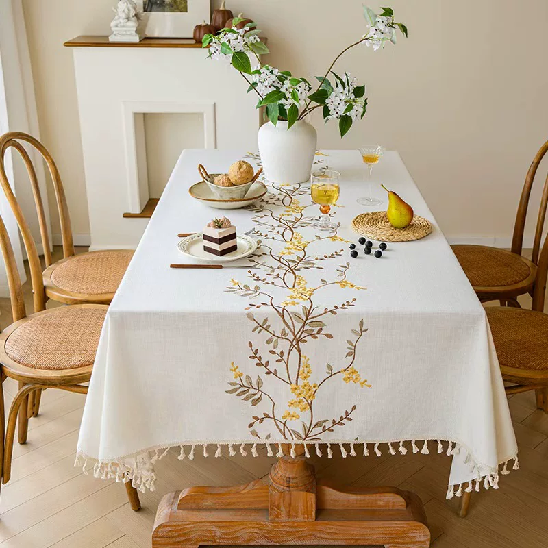 亚马逊跨境新品防水桌布美式风家居植物花卉刺绣流苏茶几餐桌桌布