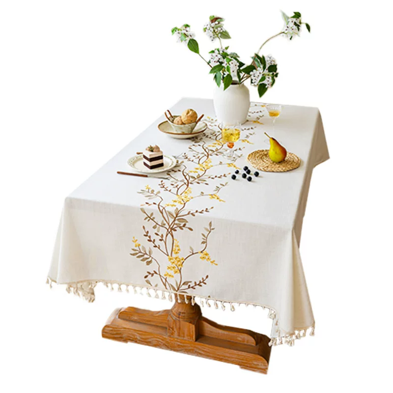 亚马逊跨境新品防水桌布美式风家居植物花卉刺绣流苏茶几餐桌桌布