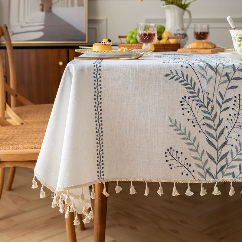 跨境高档高级感碎花朵桌布棉麻外贸北欧布艺加厚绣花防水餐桌布