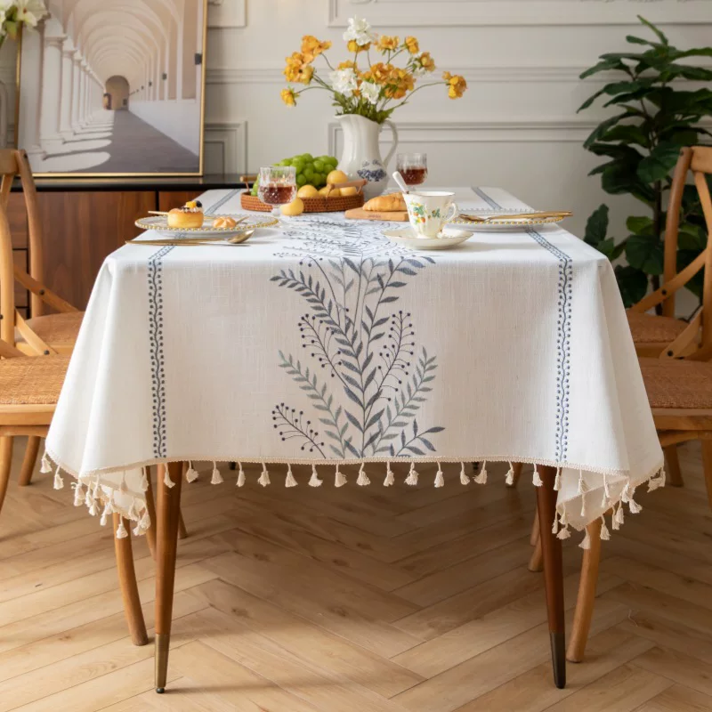 跨境高档高级感碎花朵桌布棉麻外贸北欧布艺加厚绣花防水餐桌布