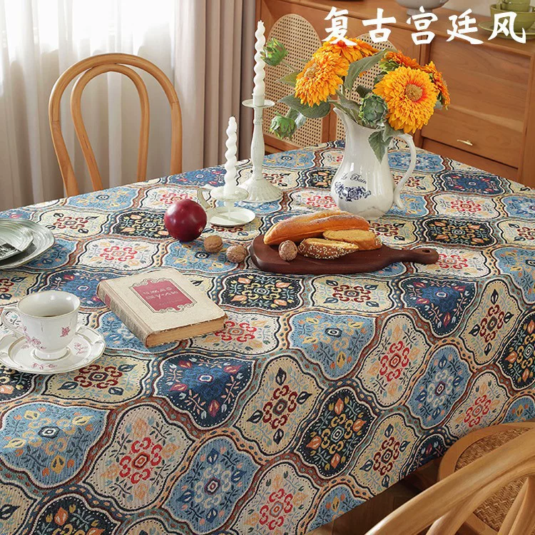 美式彩色提花桌布加厚棉麻布艺油画风餐桌布家用茶几布长方形台布