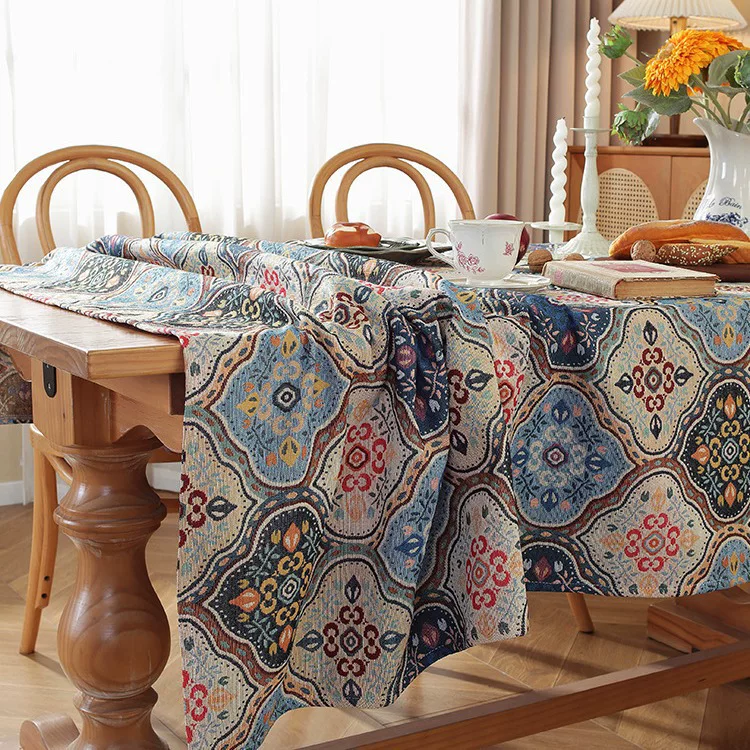 美式彩色提花桌布加厚棉麻布艺油画风餐桌布家用茶几布长方形台布