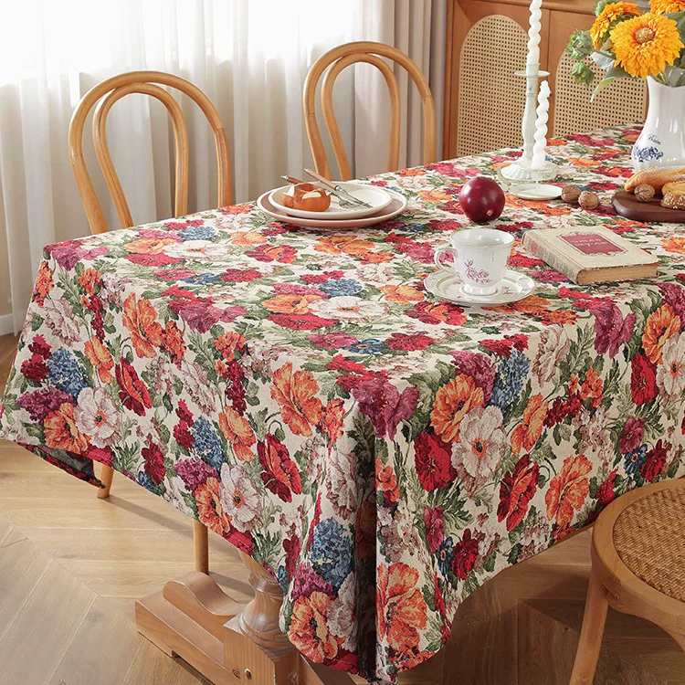 美式彩色提花桌布加厚棉麻布艺油画风餐桌布家用茶几布长方形台布