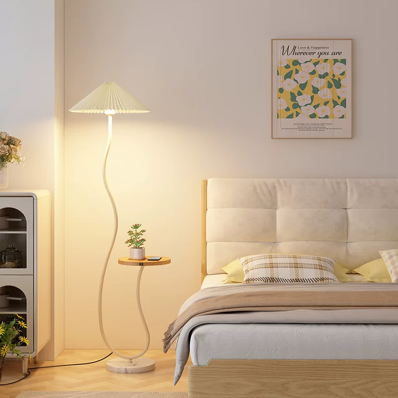 百褶落地灯置物架一体客厅沙发茶几台灯北欧简约智能无线充氛围灯
