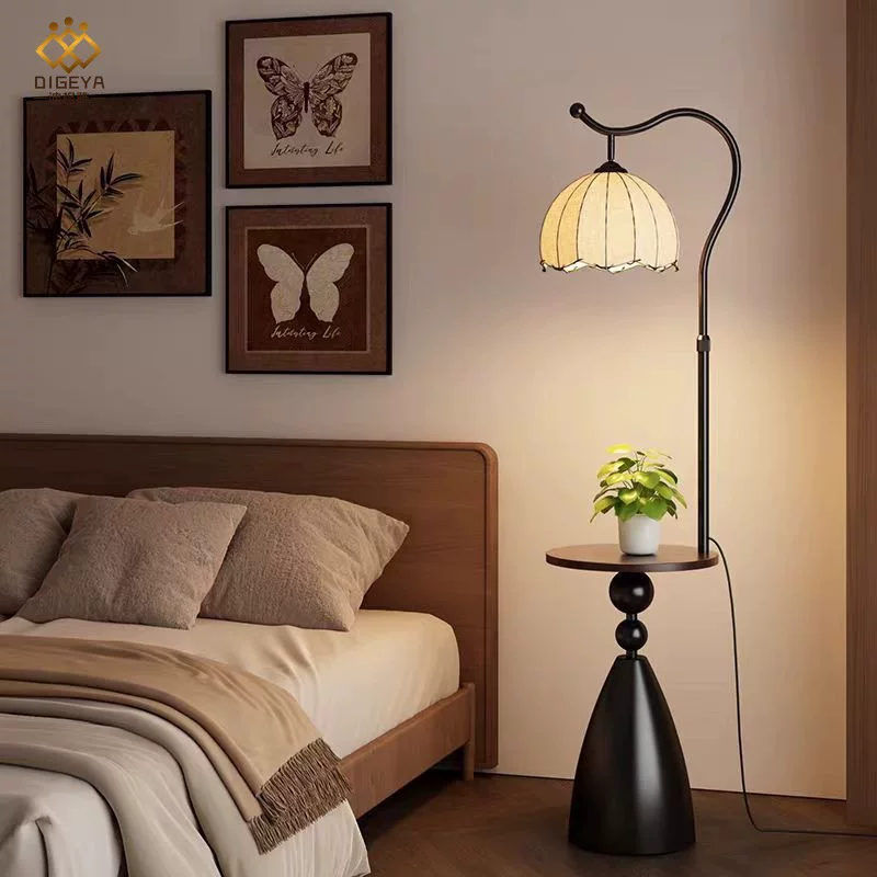 迪格雅中古客厅沙发旁置物架一体落地灯卧室床头氛围感护眼柜台灯